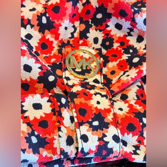 Michael Kors Blouse Tab 1/2sleeves Smocked Waist Geranium Red White Navy SZ. Med - Picture 6 of 13